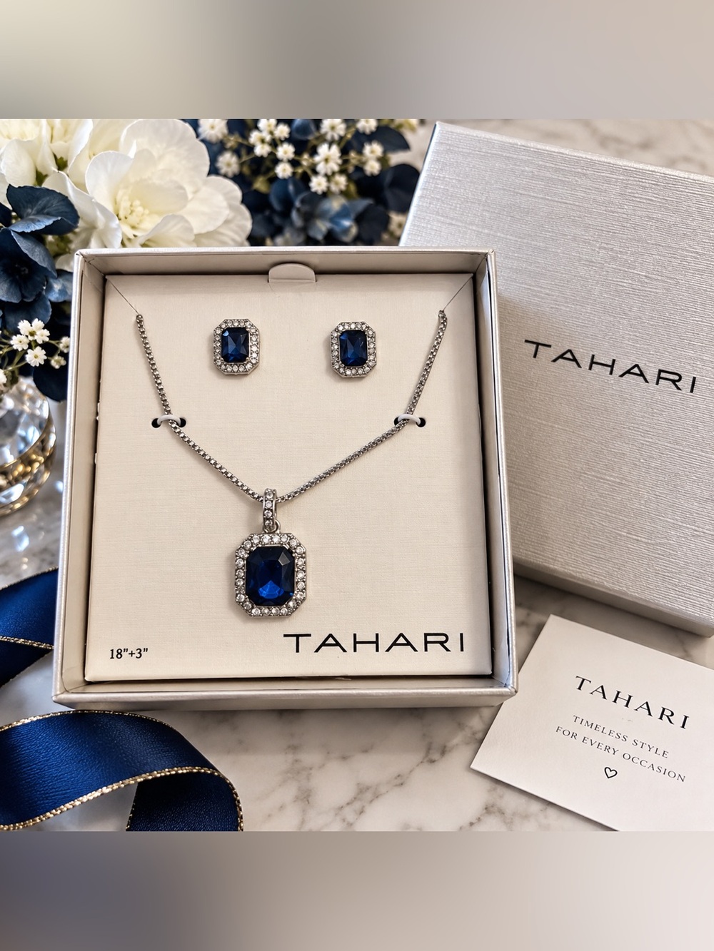 NWT Tahari Blue Crystal Statement Necklace & Earrings Set